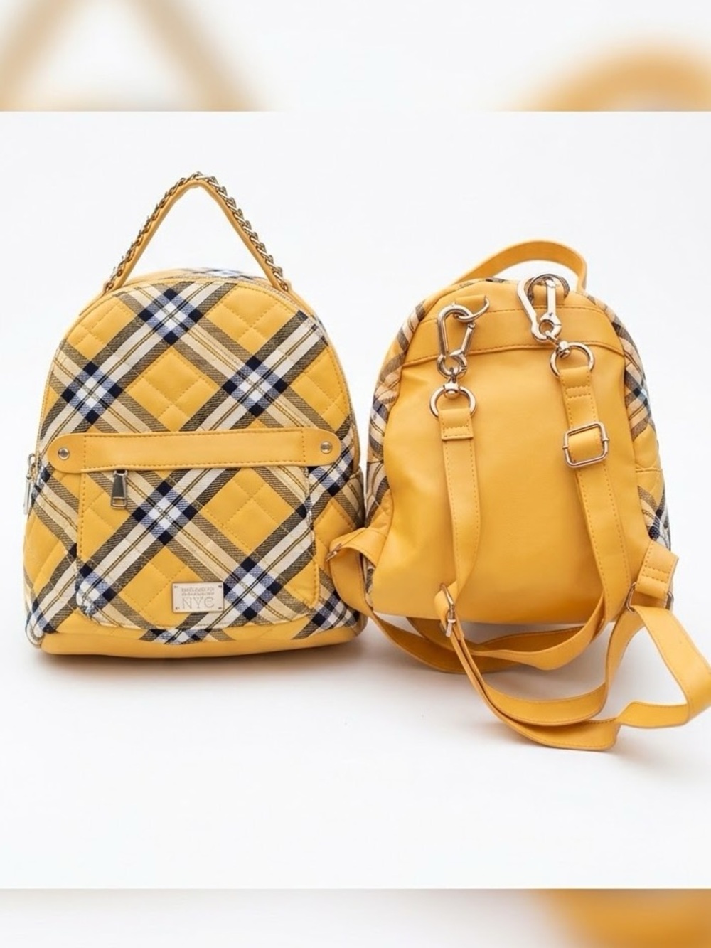 Madden NYC Yellow Plaid Quilted Mini Backpack Clueless Prep Schoolgirl 10”